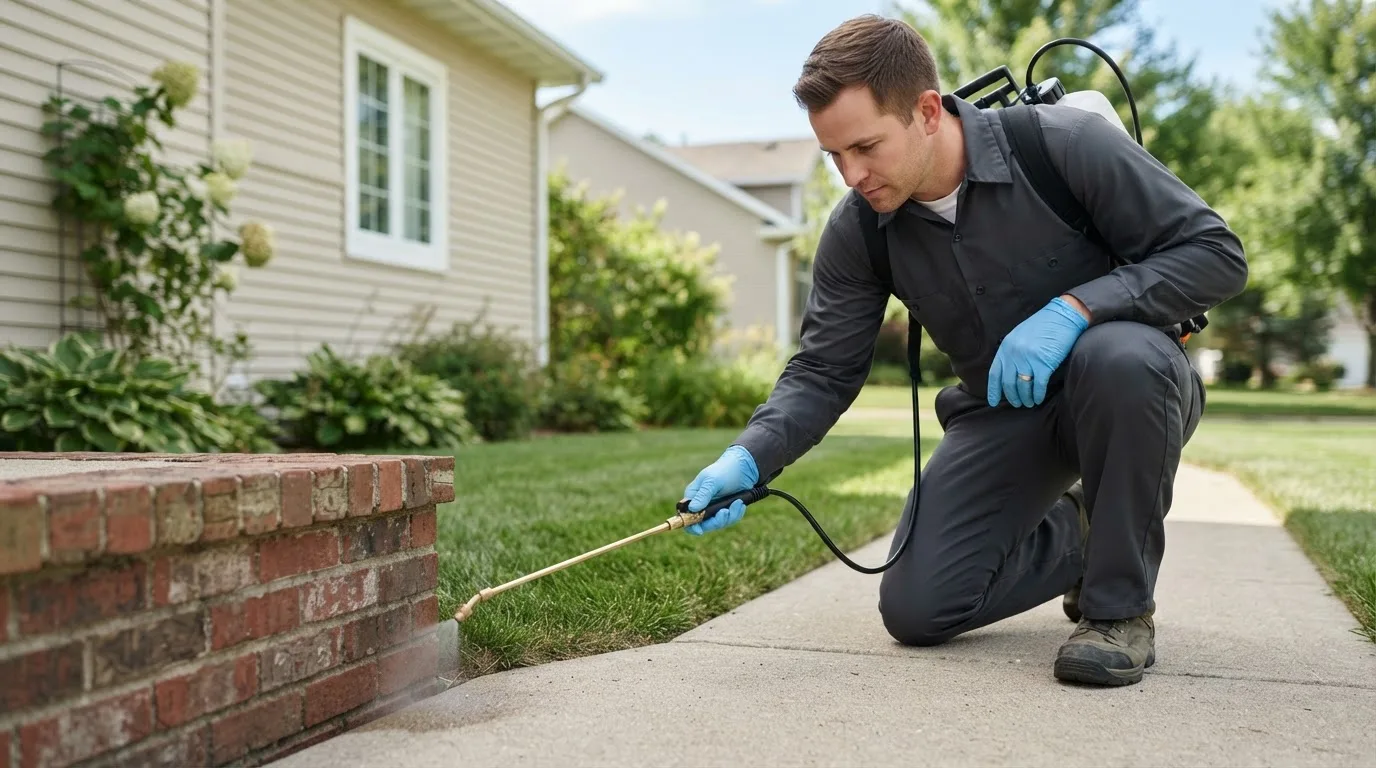 Pest control technician treating a home near Williamsburg, IN